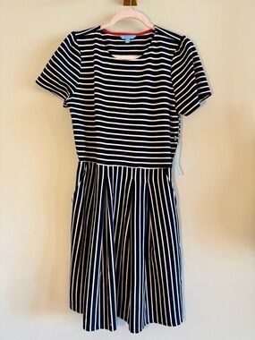 Draper James Navy White Stripe Fit & Flare Dress Preppy Short Sleeve - M